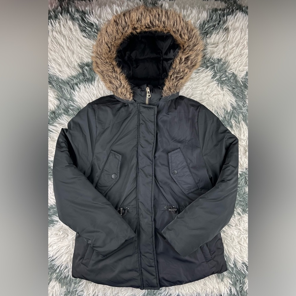 Zara Kids Black Faux Fur Down Jacket Hoodied Size 10